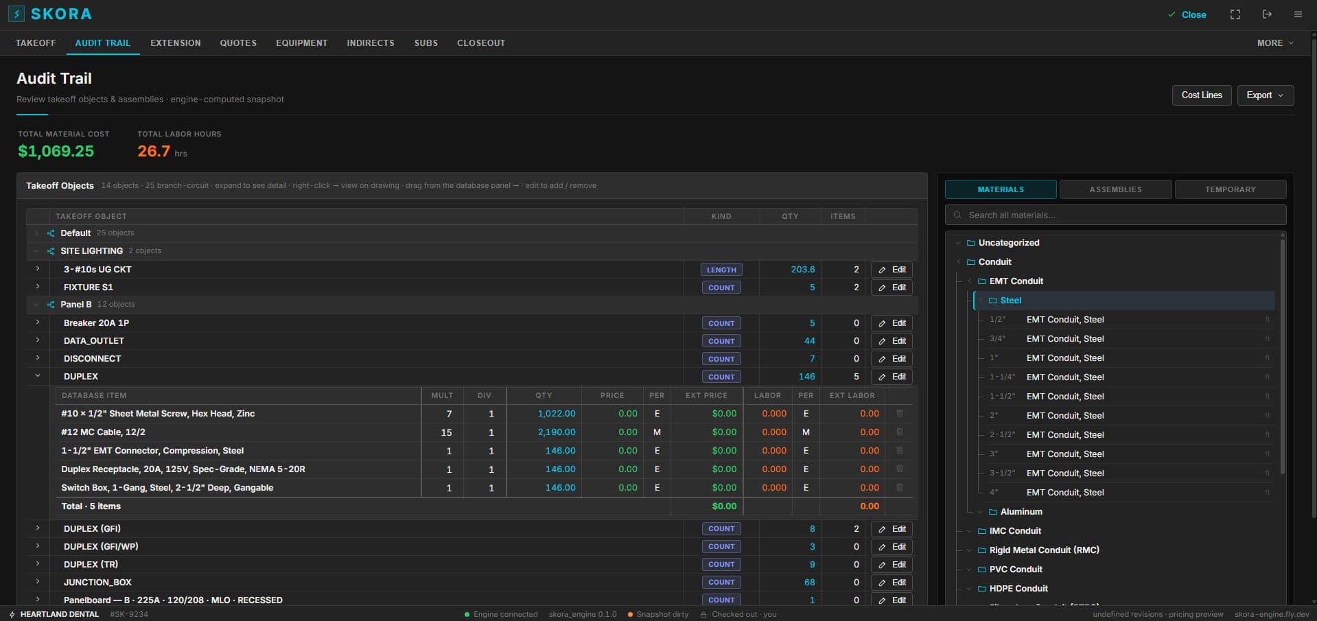 Skora audit trail: takeoff objects expanded into their component materials with multiplier, divisor and quantity