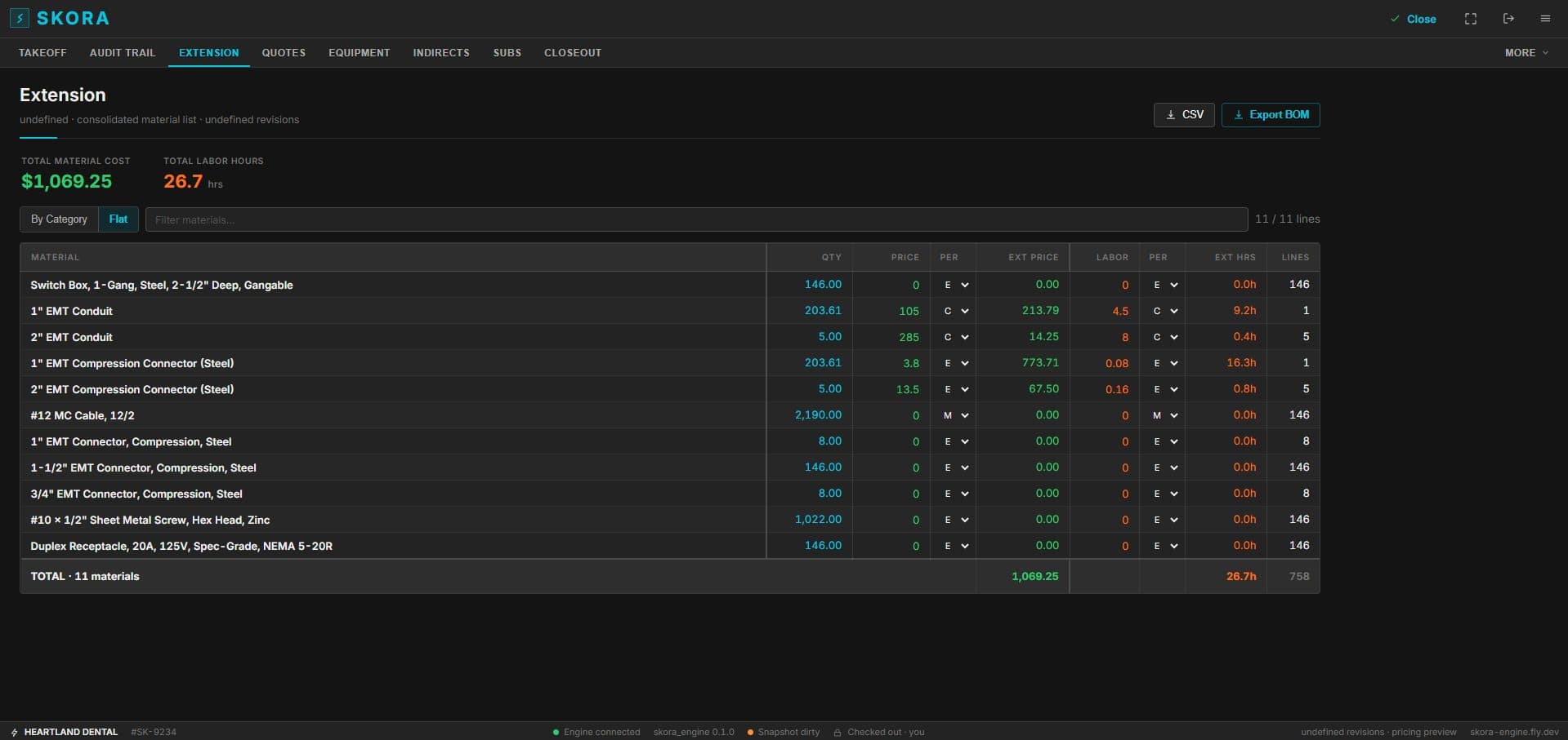 Skora extension screen: consolidated material list with quantities, price and labor hours