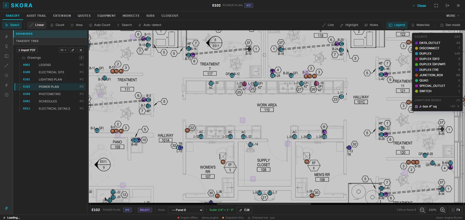 Skora takeoff canvas: a real power plan with 293 counted devices stamped and tallied by type